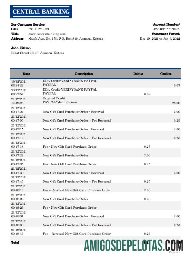 Eritrea Central Bank Statement Xls amostra